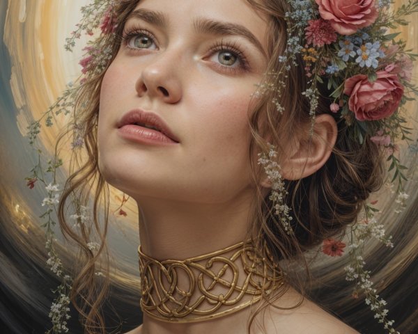 Young woman with floral crown and pastel dress