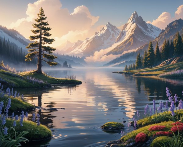 Tranquil Lake with Snow-Capped Mountains and Wildflowers