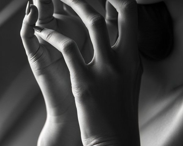 Close-Up of Woman's Hands and Face in Black and White