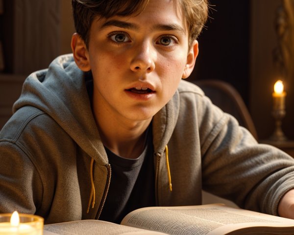 Young Boy Surprised by Candlelight and Open Book