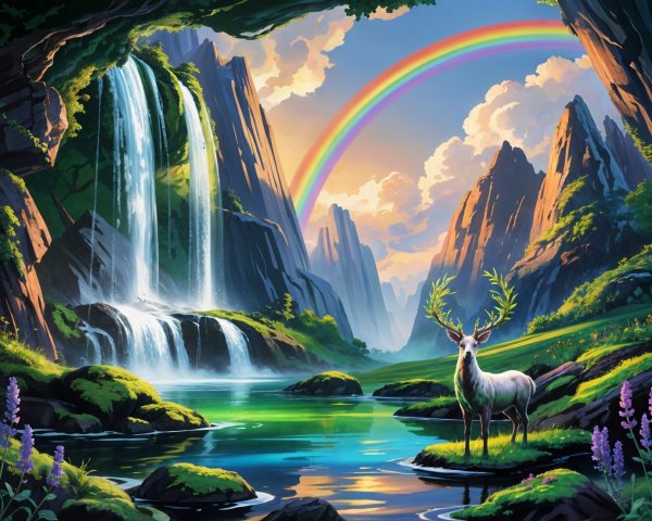 Majestic stag by serene lake in vibrant landscape