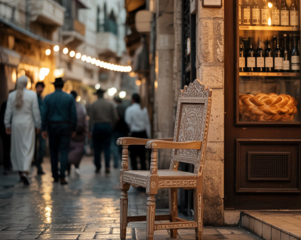 Wooden Chair on Cobblestone Street in Urban Setting