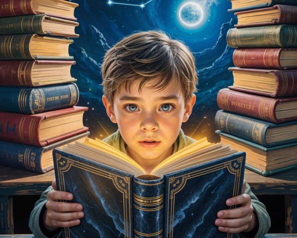 Young boy reading a glowing book among vintage stacks