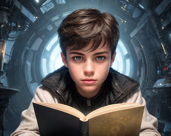 Young boy reading in a futuristic metallic setting