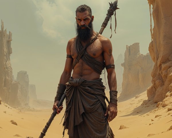 Rugged Warrior in Desert Landscape with Spear