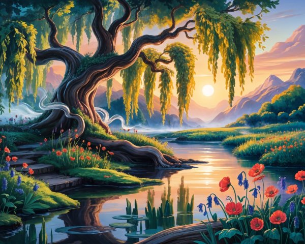 Serene Landscape with Tree, River, and Sunset Reflection