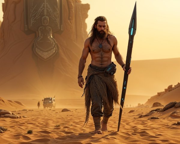 Muscular Warrior in Desert with Futuristic Spear
