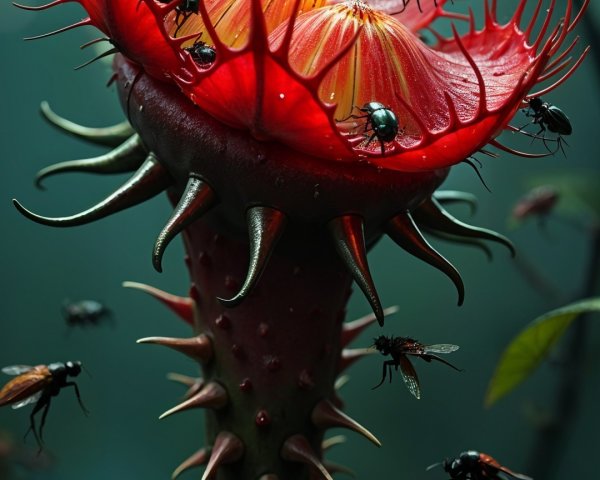 Surreal Red Flower with Spiky Petals and Insects