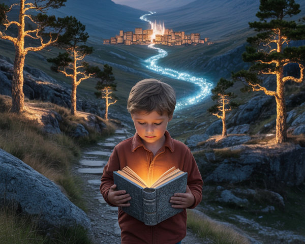 Boy Reading Glowing Book on Stone Path at Night