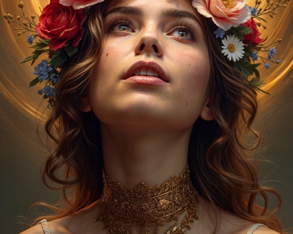 Young Woman in Ethereal Dress with Floral Crown