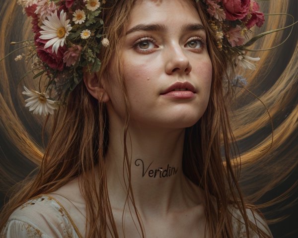Young woman with floral crown and golden backdrop