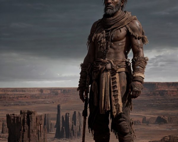 Muscular Man in Rugged Landscape with Overcast Sky