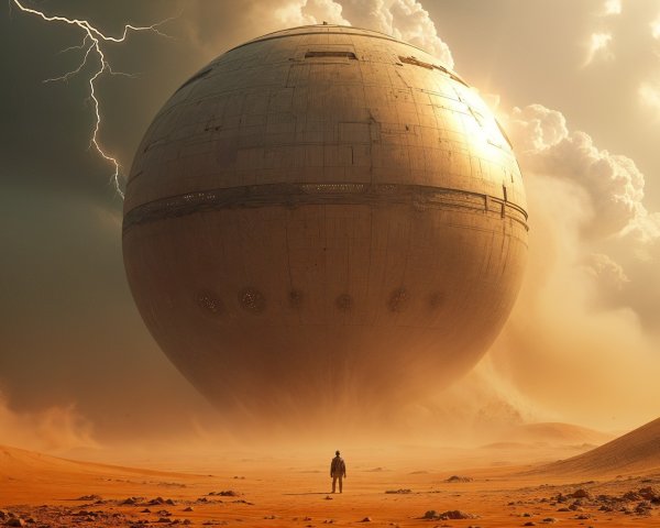 Solitary Figure in Desolate Landscape with Spherical Structure