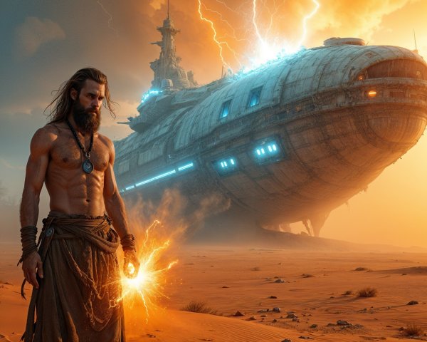 Muscular Man with Energy Orb in Futuristic Landscape