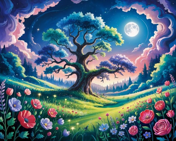 Majestic Tree in Vibrant Twilight Landscape Scene