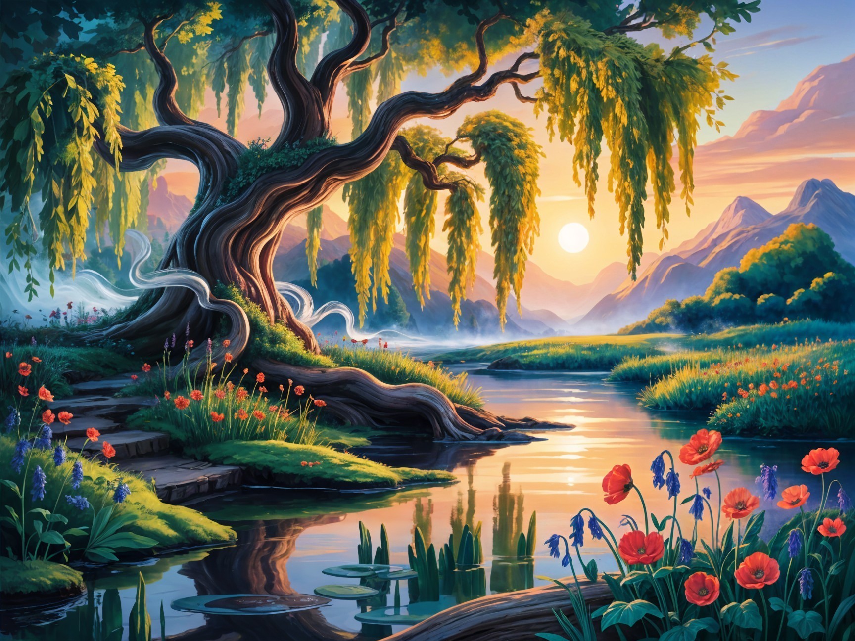 Serene Landscape with Tree, River, and Sunset Reflection