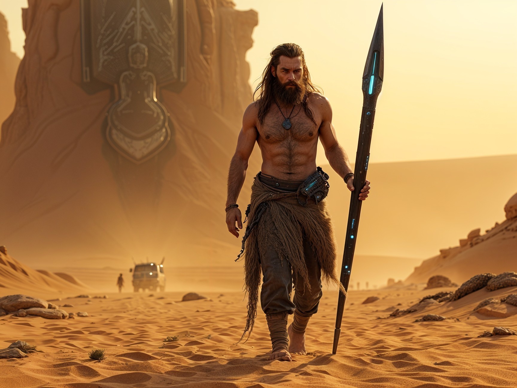 Muscular Warrior in Desert with Futuristic Spear