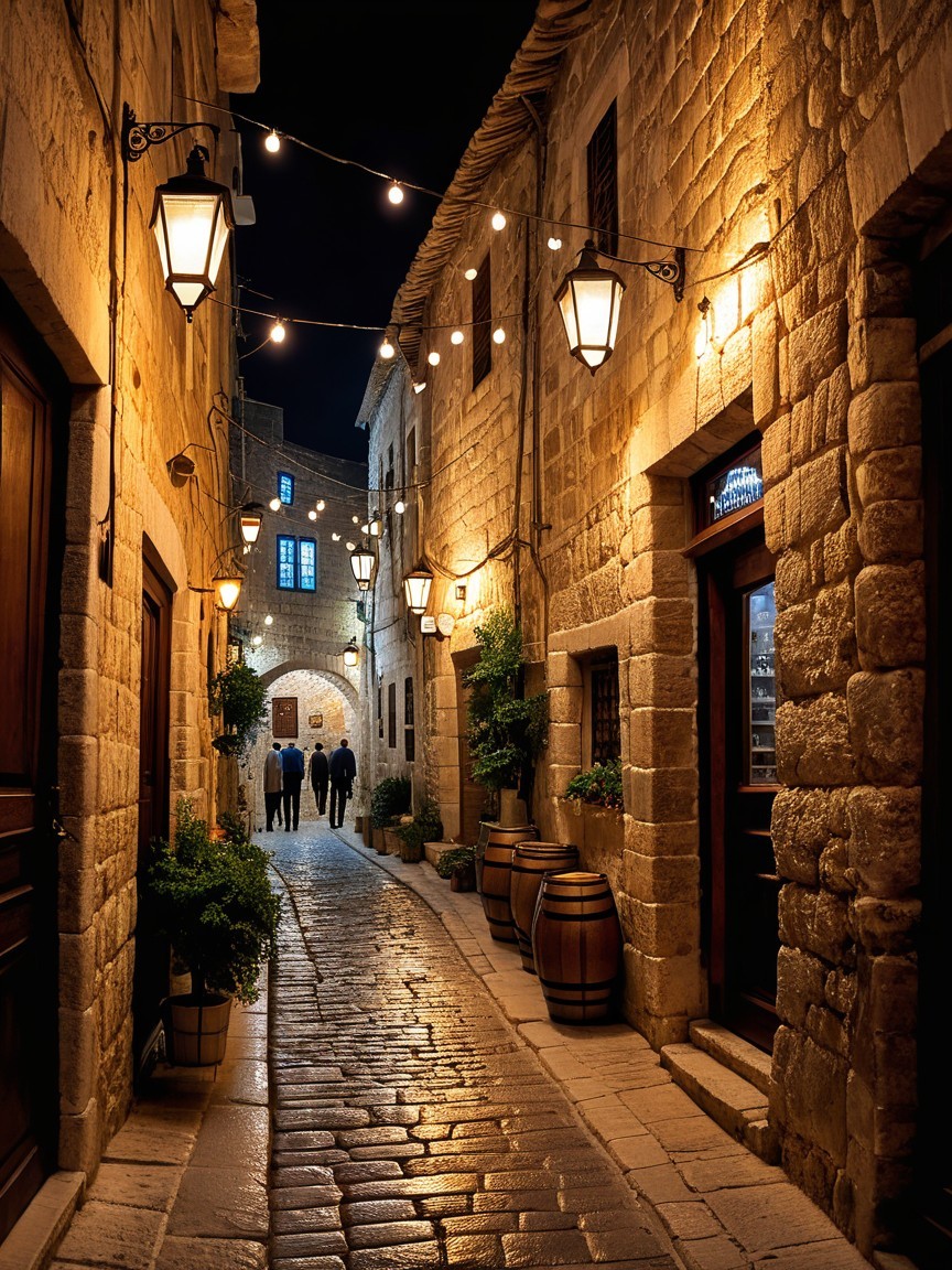 Charming Nighttime Cobblestone Alley with Warm Lights