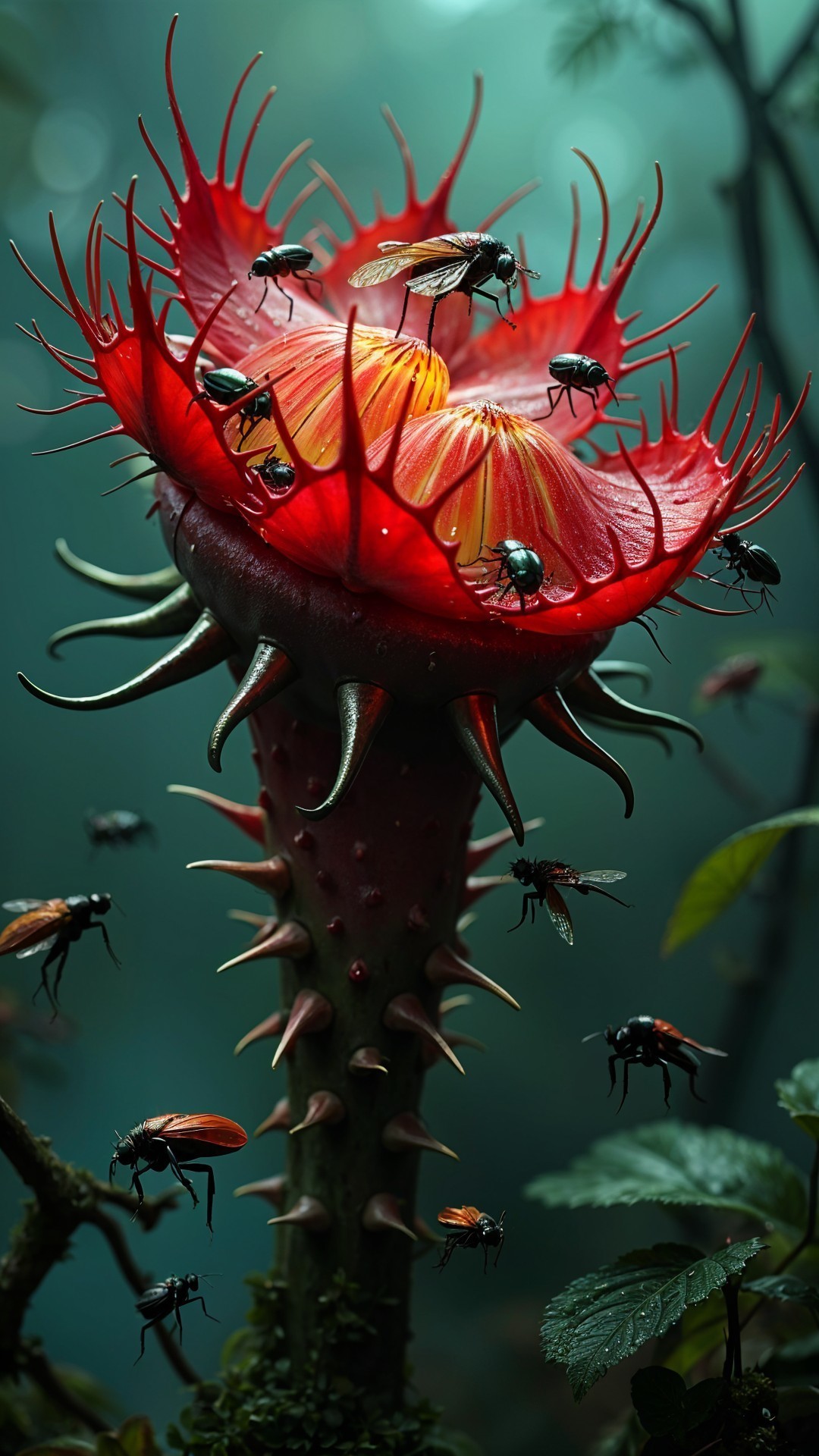 Surreal Red Flower with Spiky Petals and Insects