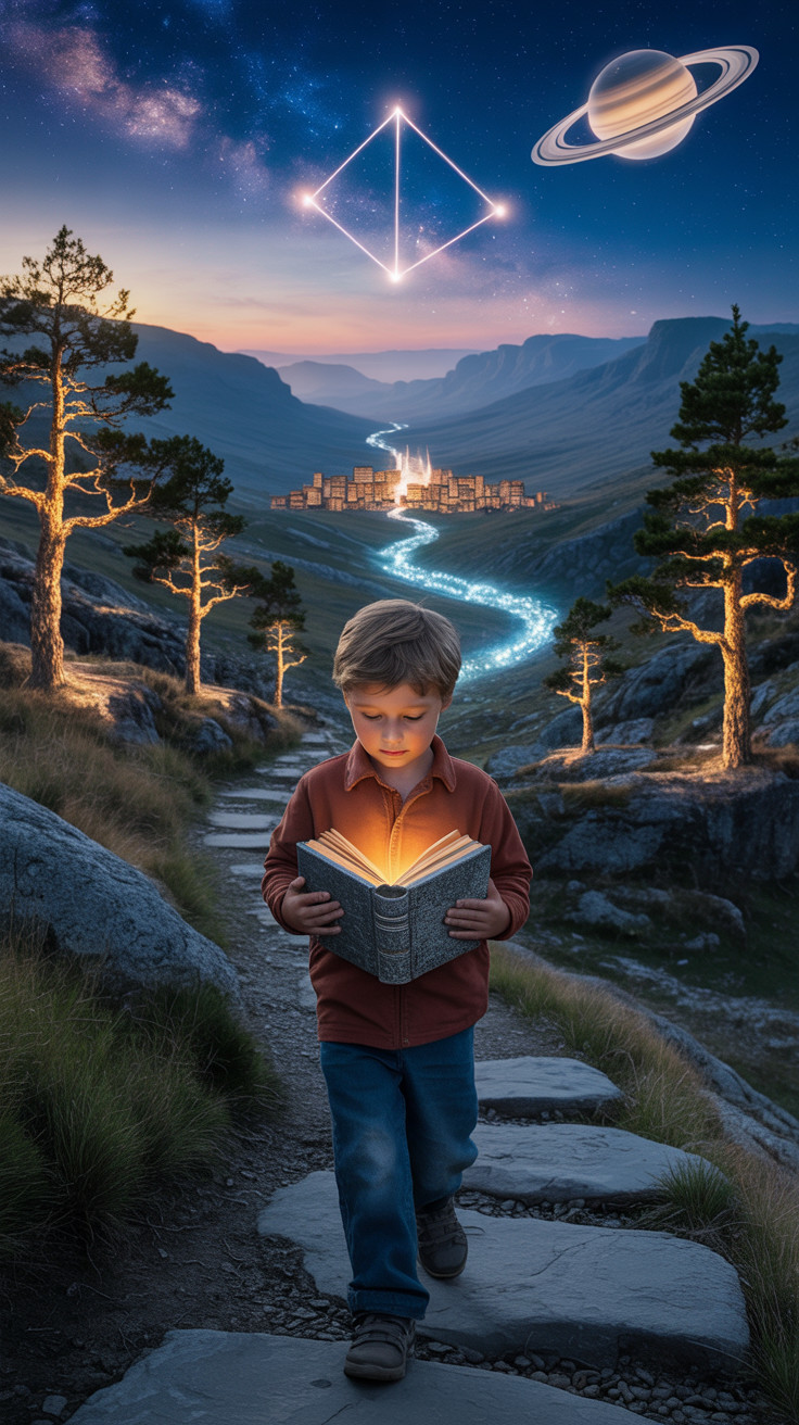 Boy Reading Glowing Book on Stone Path at Night