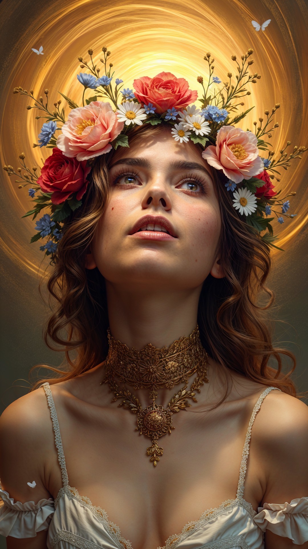 Young Woman in Ethereal Dress with Floral Crown