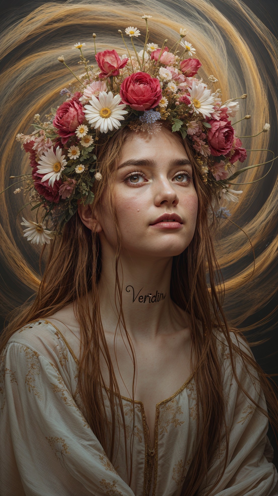 Young woman with floral crown and golden backdrop
