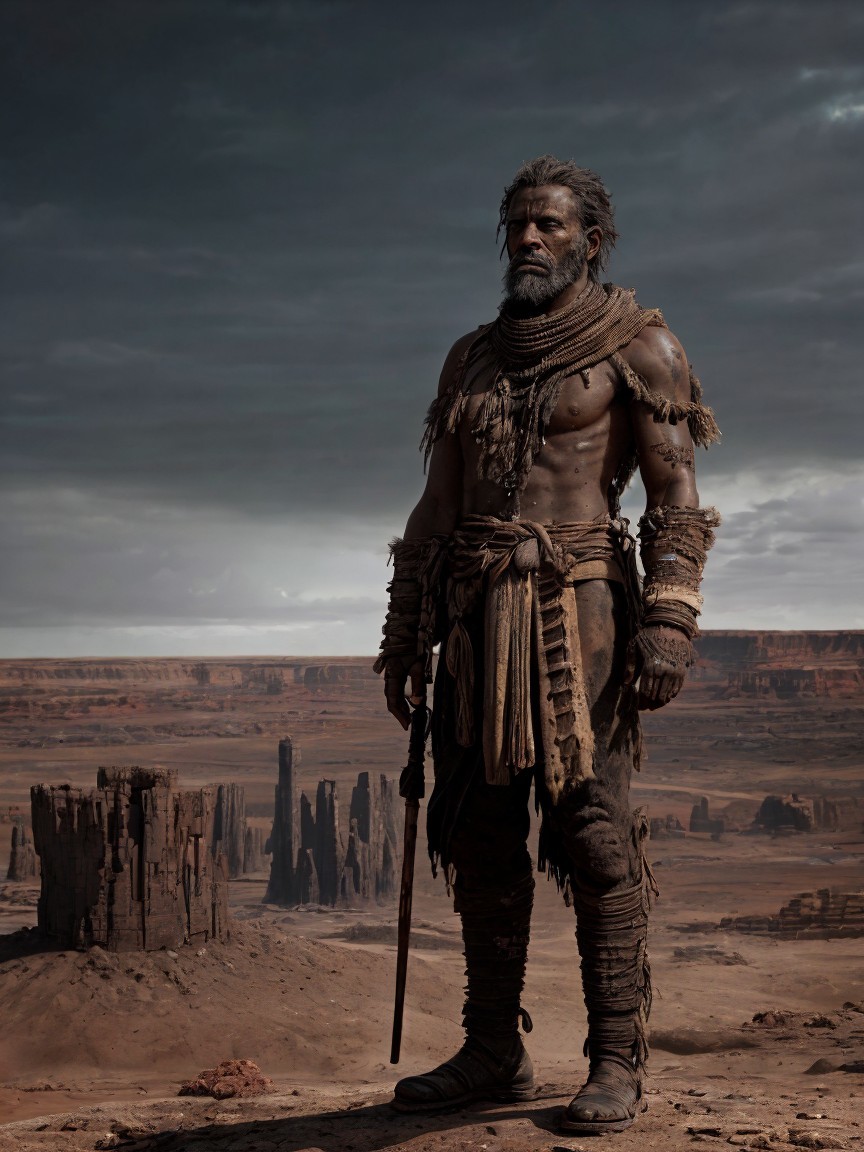 Muscular Man in Rugged Landscape with Overcast Sky
