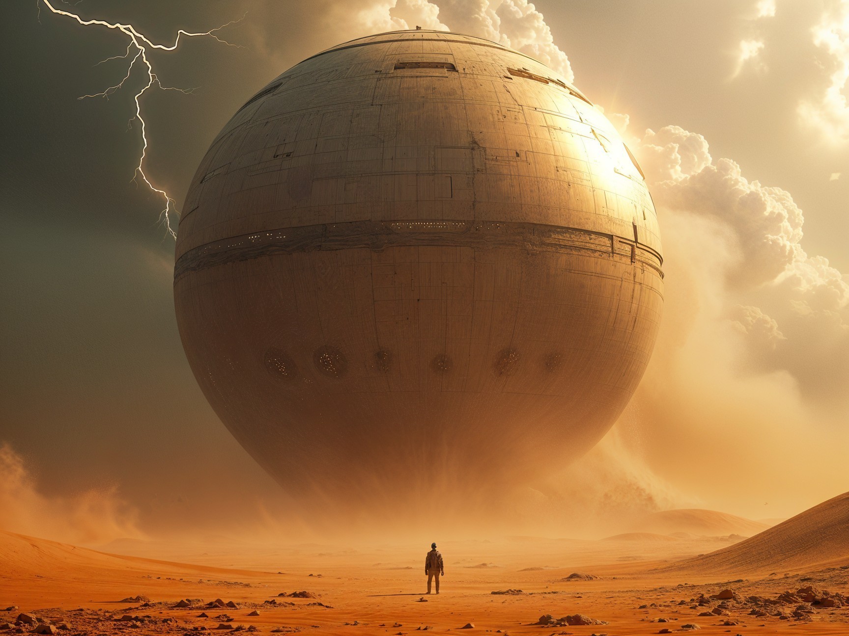 Solitary Figure in Desolate Landscape with Spherical Structure