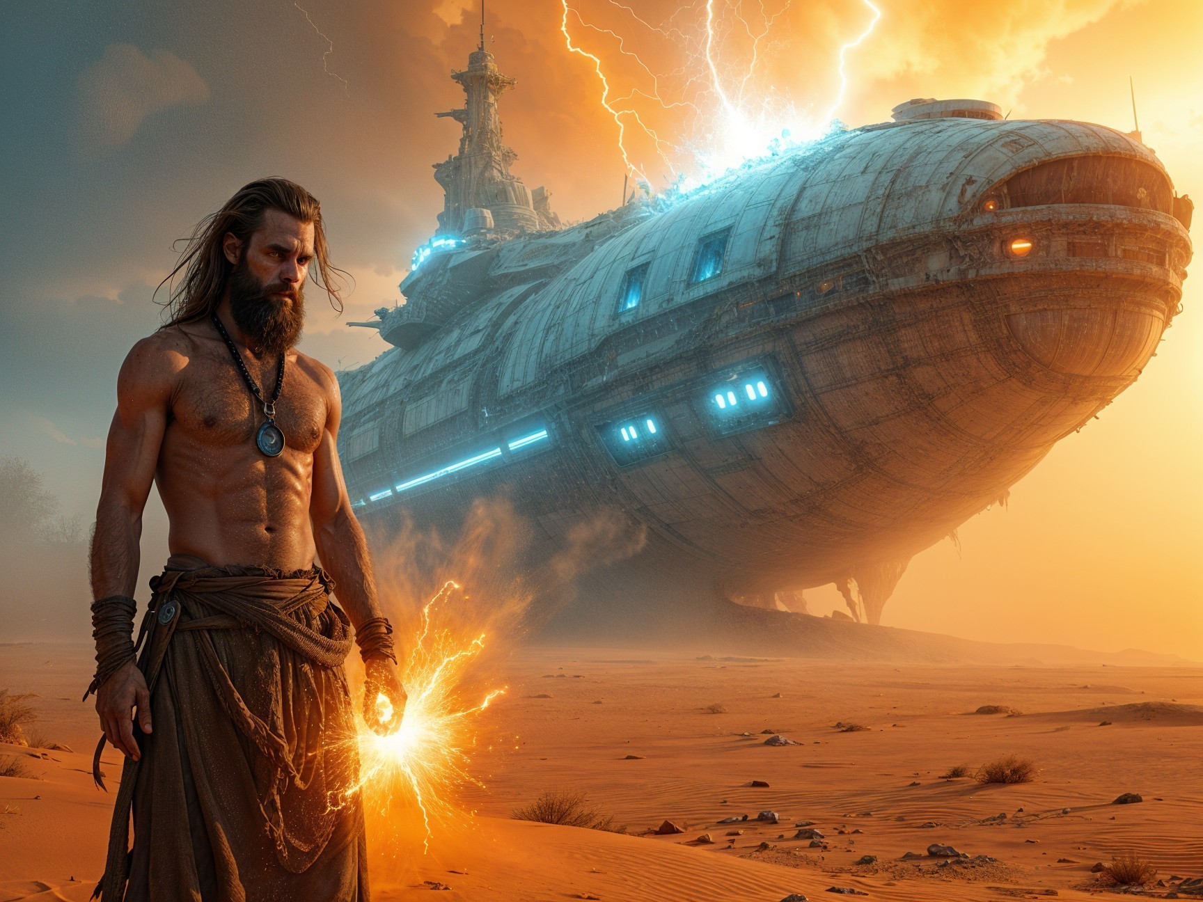 Muscular Man with Energy Orb in Futuristic Landscape