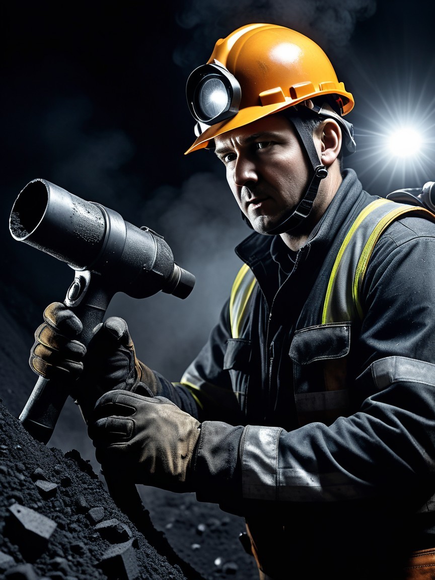 Miner in Safety Gear Working in Dark Environment