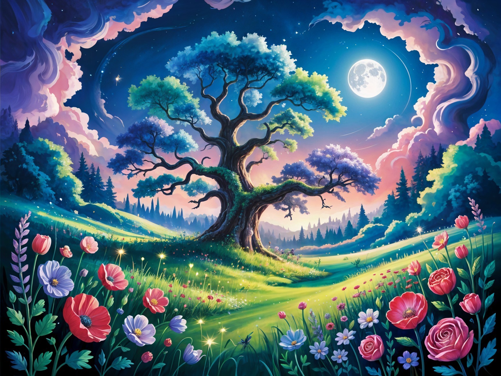 Majestic Tree in Vibrant Twilight Landscape Scene