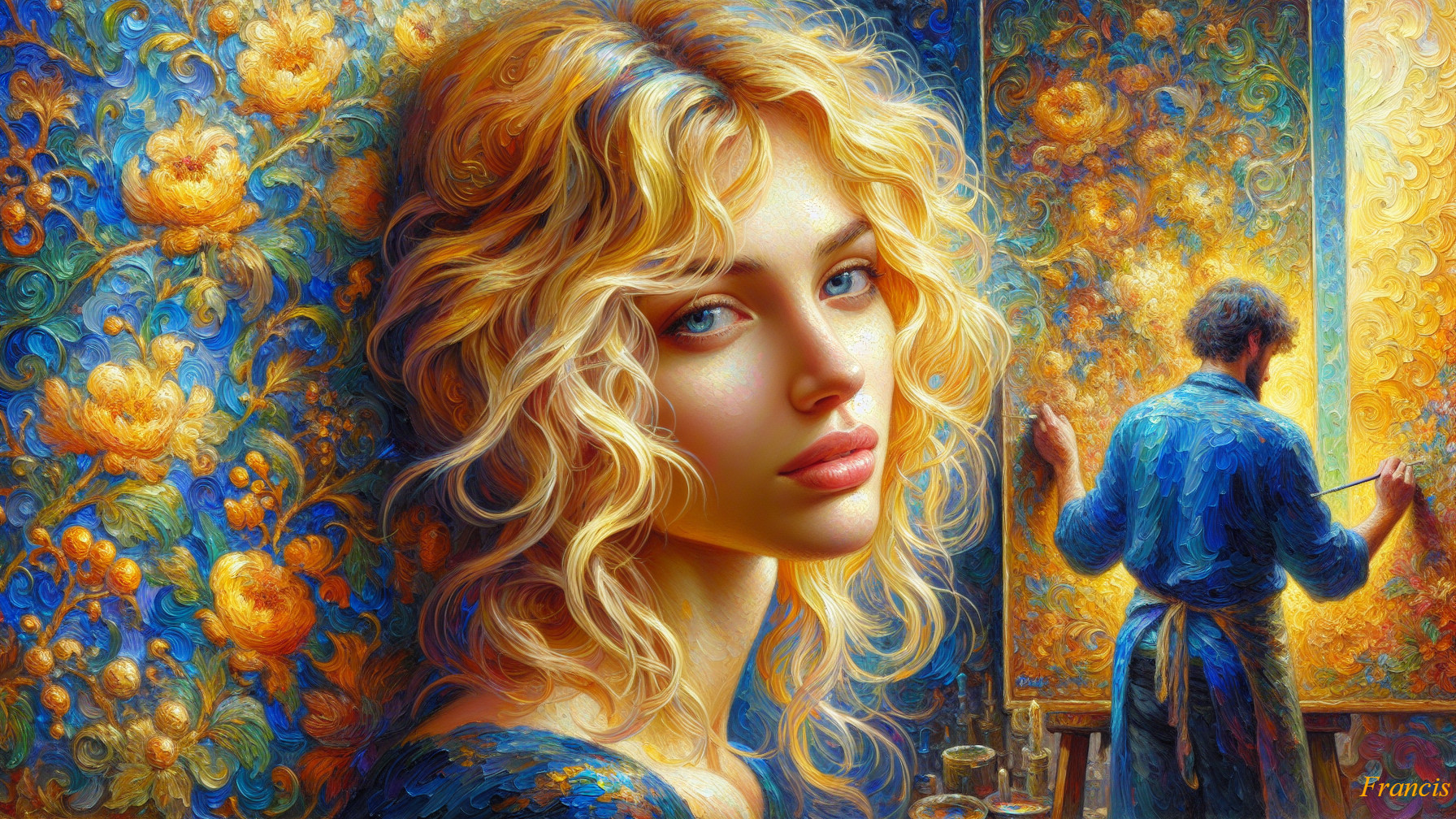Young woman with blonde hair in vibrant mural setting