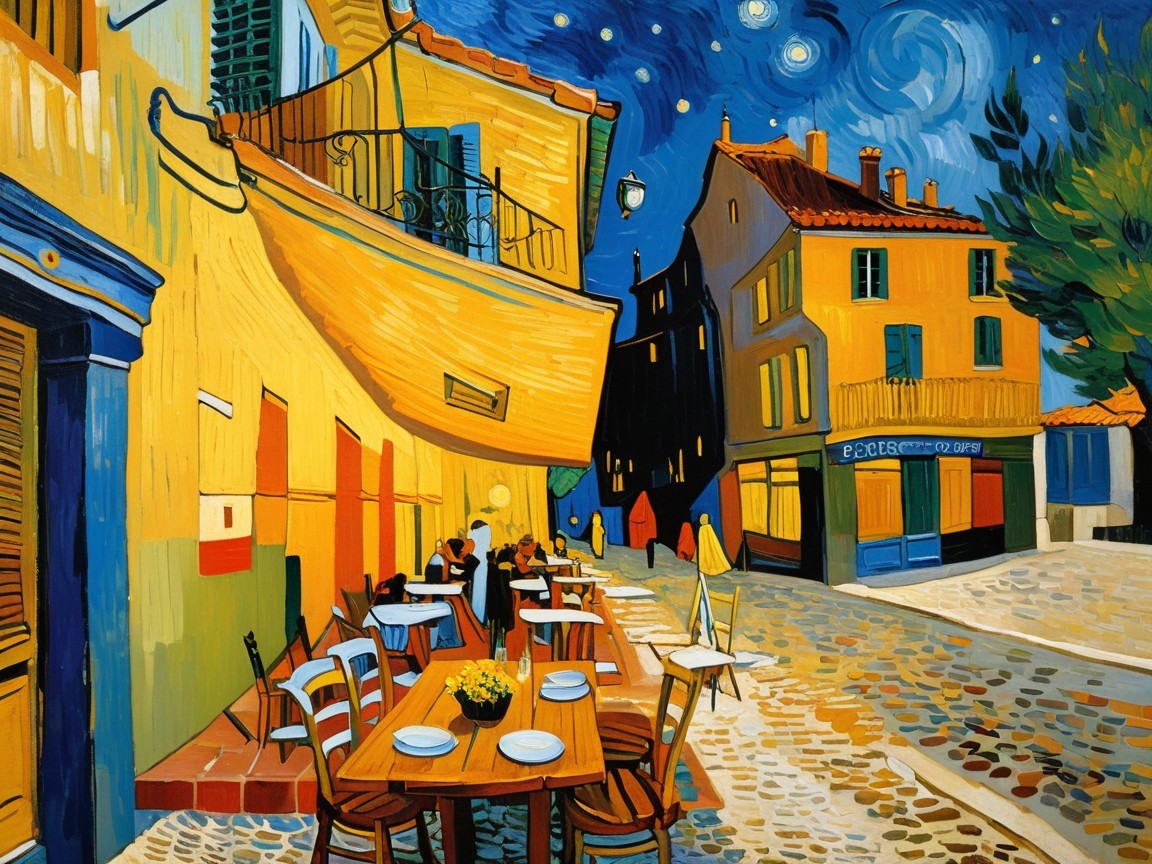 Vibrant Night Street Scene in Bold Colors