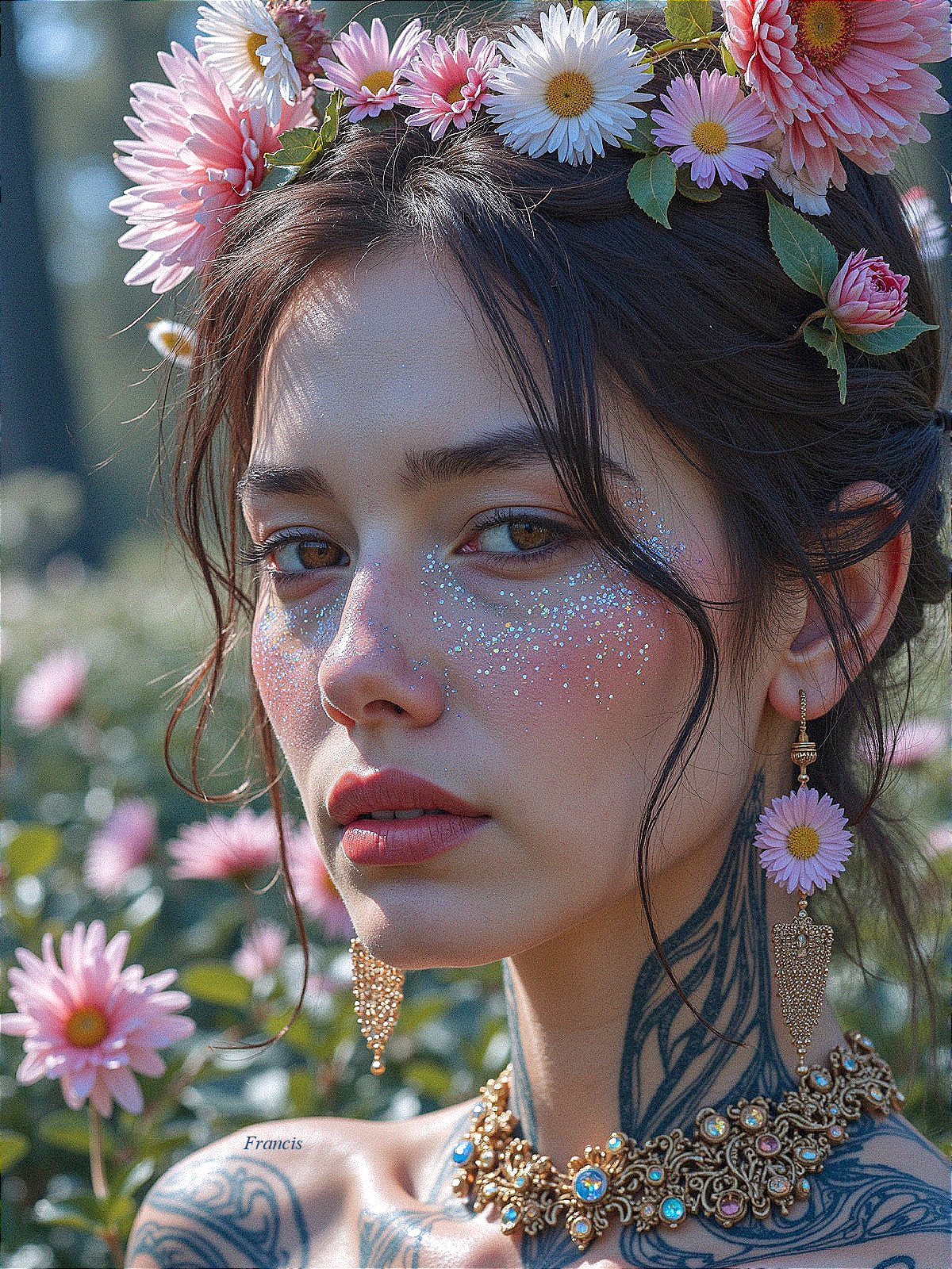 Young woman with tattoos in a sunlit garden setting
