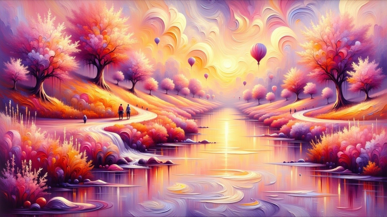Dreamy Landscape with Vibrant Colors and Figures