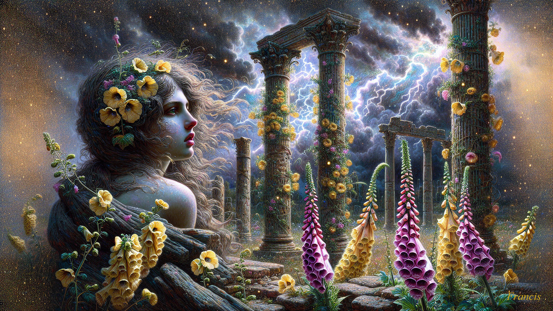 Mystical Landscape with Woman and Ancient Columns