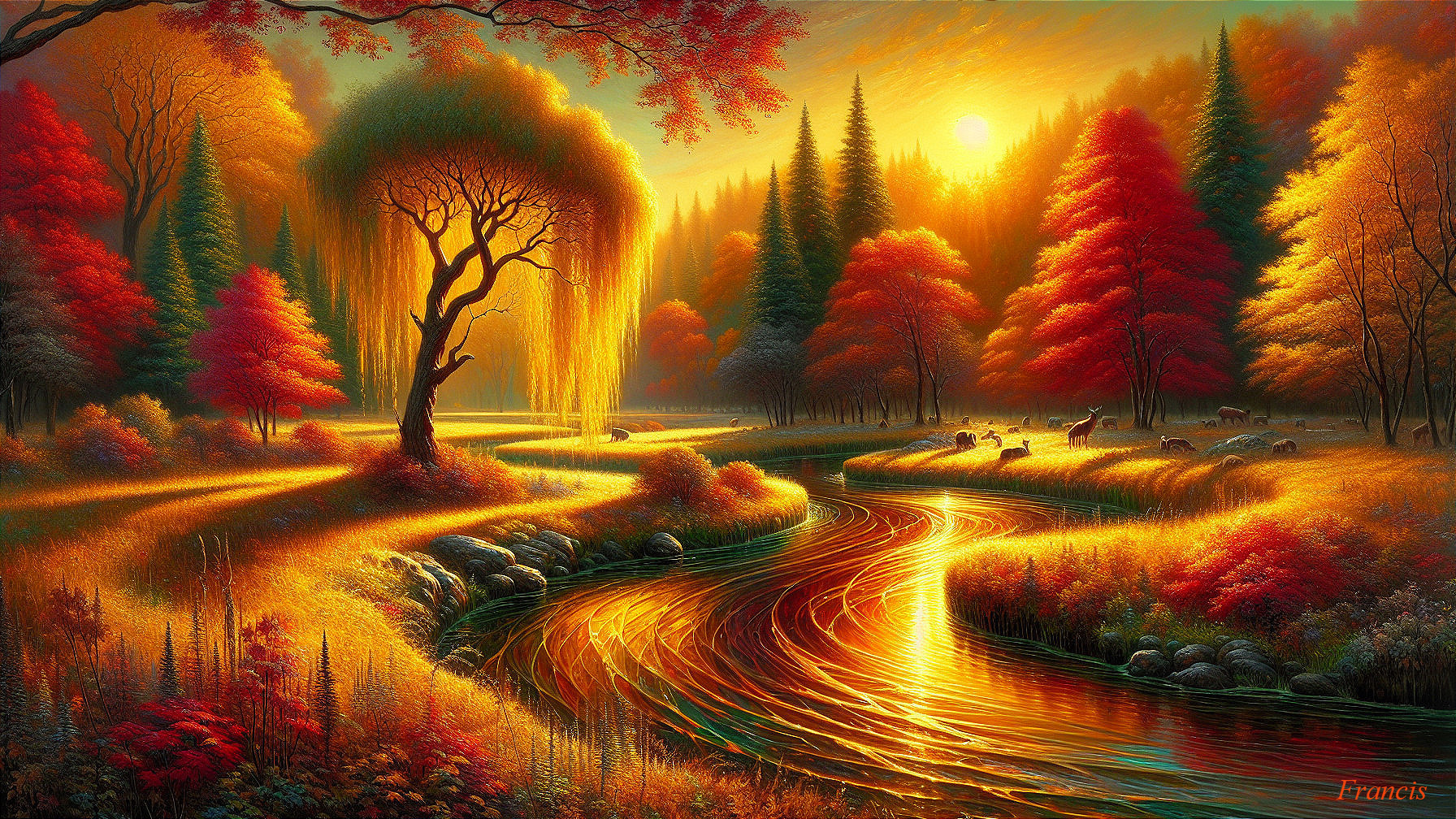 Vibrant Autumn Landscape with Winding River and Trees