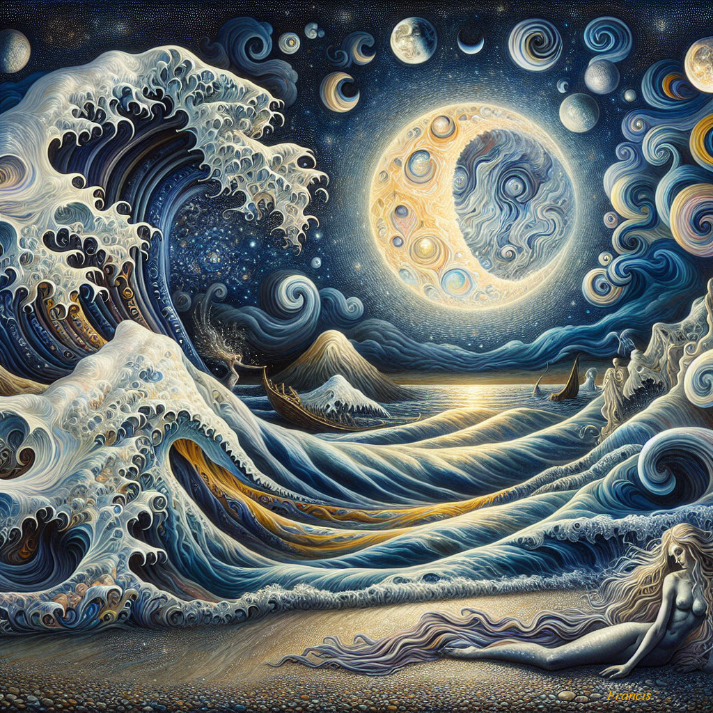 Surreal Cosmic Seascape with Waves and Starry Sky