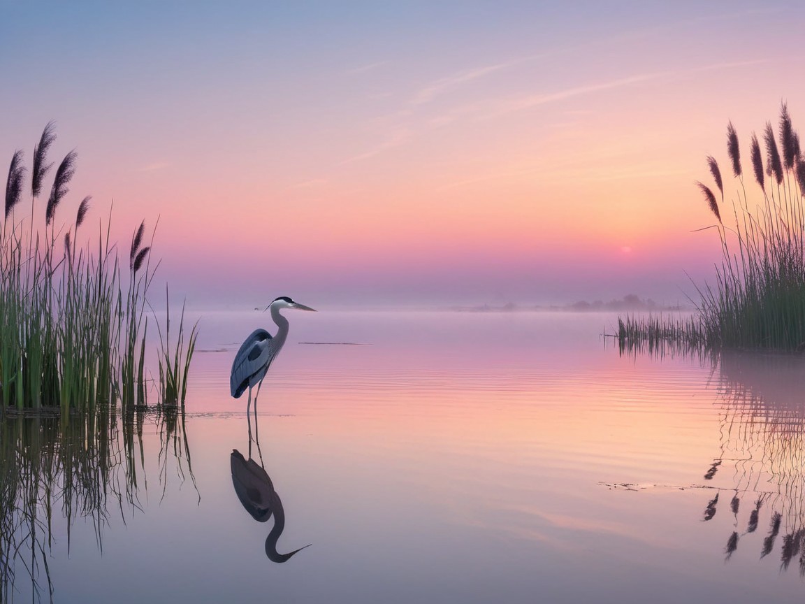Serene Dawn Landscape with Heron and Misty Waters