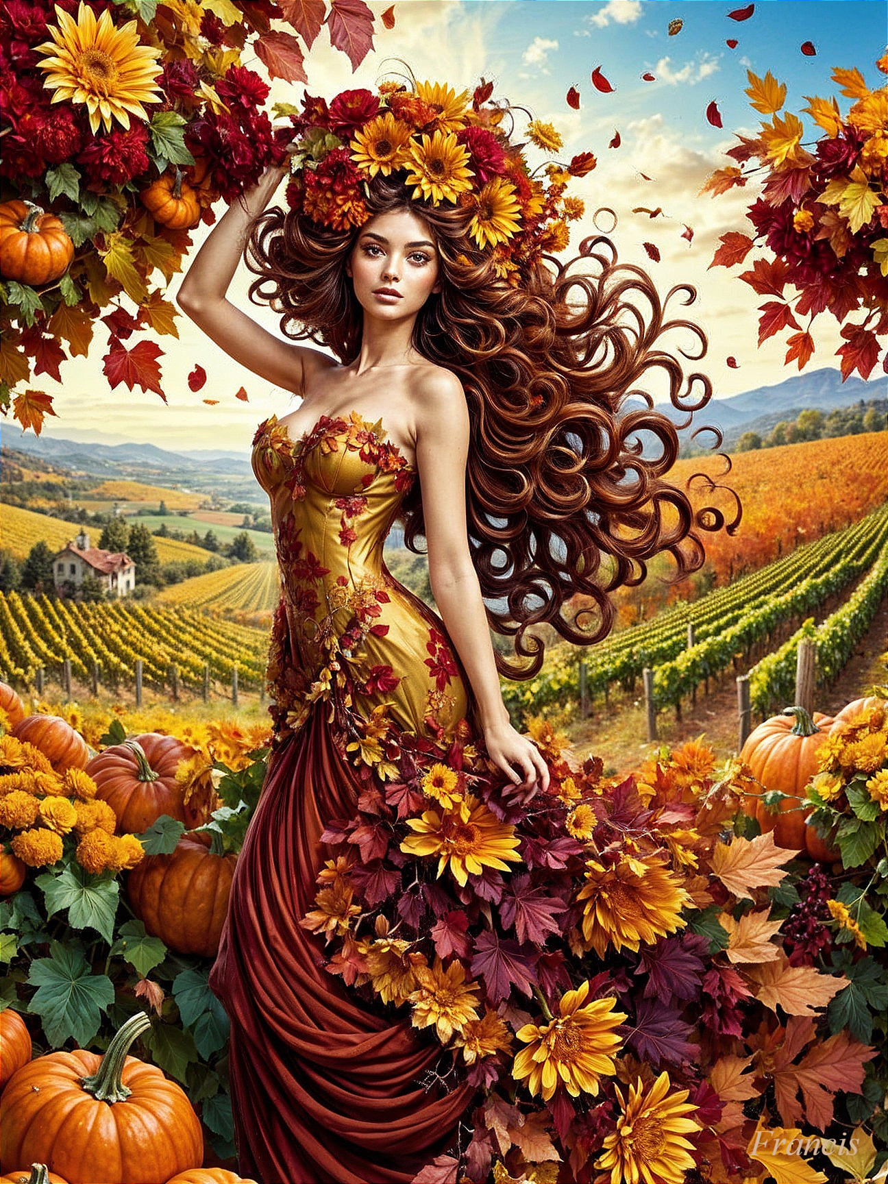 Autumn Landscape with Figure in Vibrant Gown