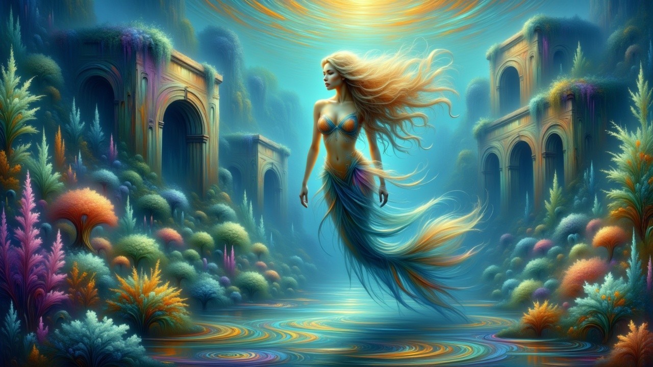 Underwater Scene with Mermaid and Coral Landscape