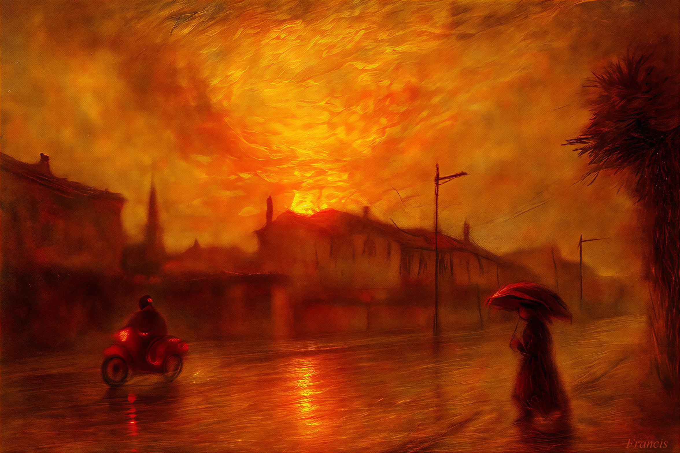 Golden Sunset Over Rainy Street with Silhouetted Buildings