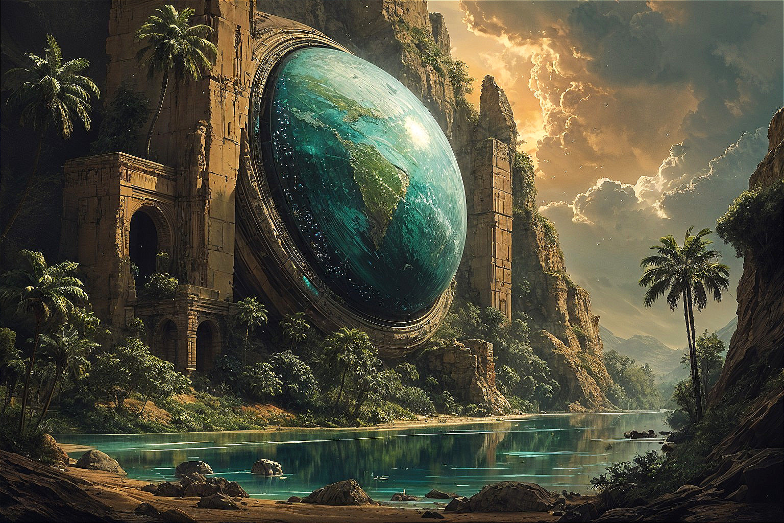 Futuristic Globe Amidst Ancient Ruins and Nature