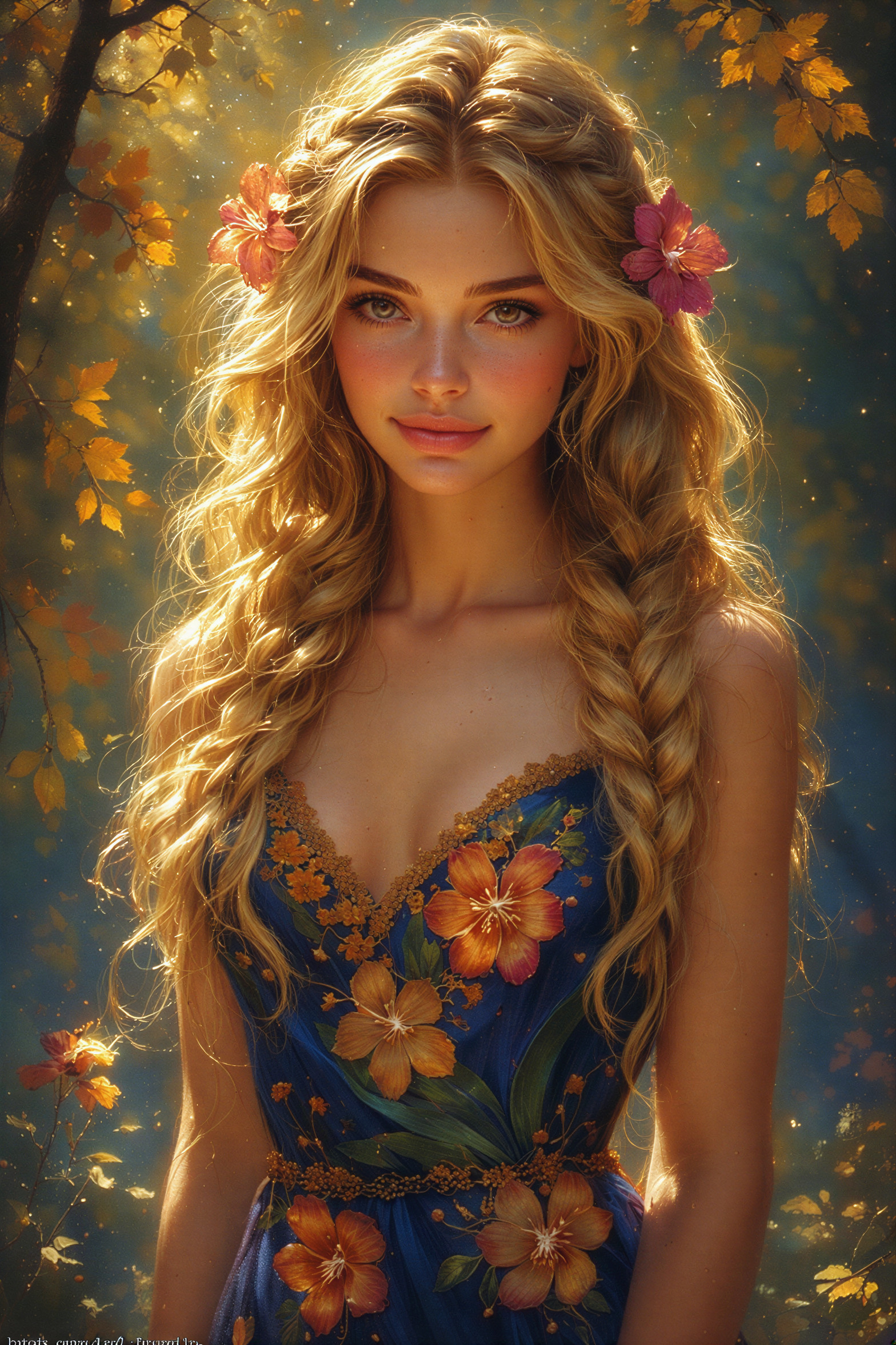 Young woman in blue dress with floral patterns