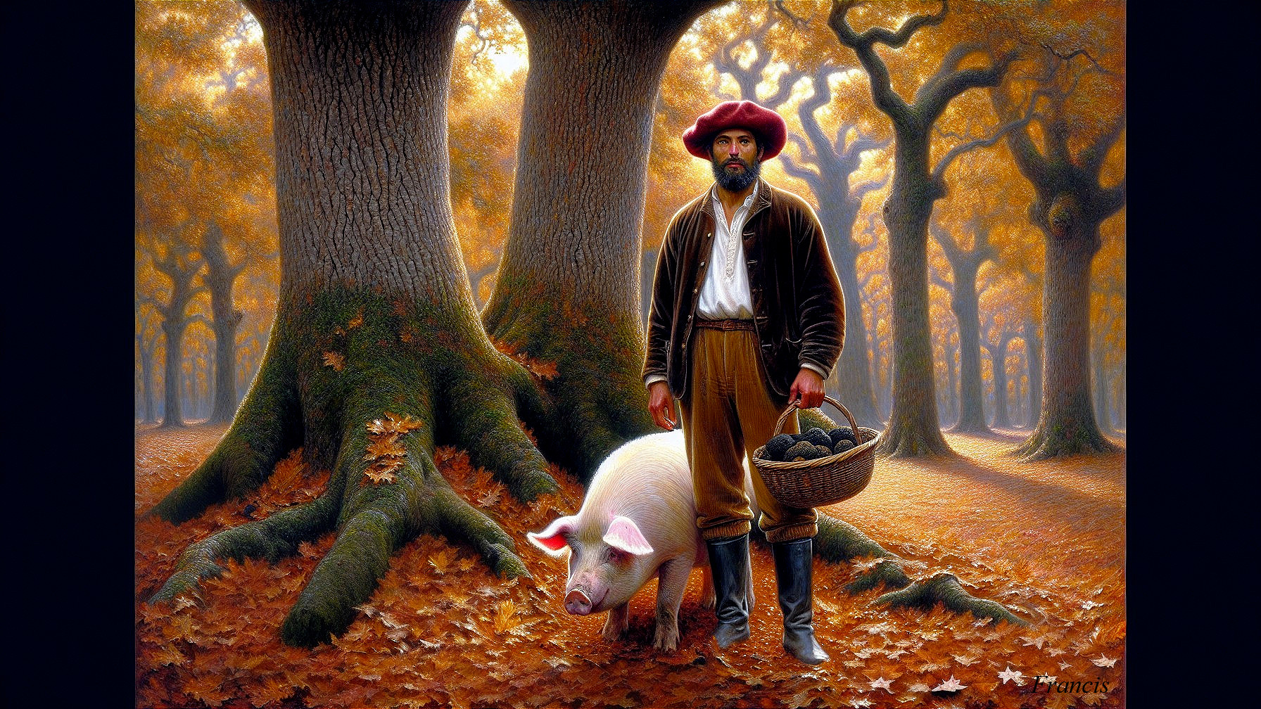 Man in Period Clothing with Pig Among Autumn Trees