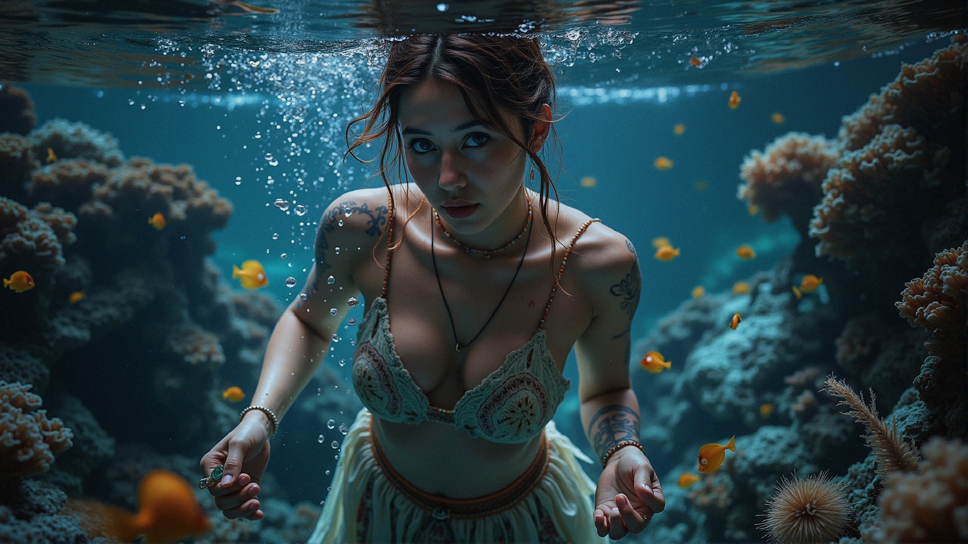 Underwater Scene with Woman and Vibrant Marine Life
