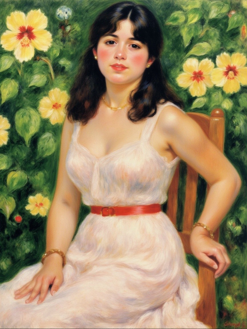 Young woman in flowing dress among yellow flowers
