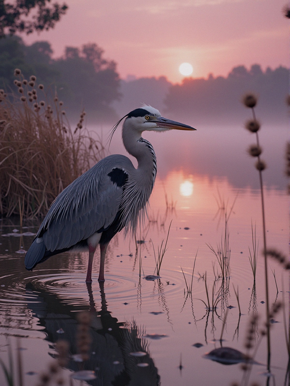 Heron in Shallow Water at Dawn with Mist and Grasses