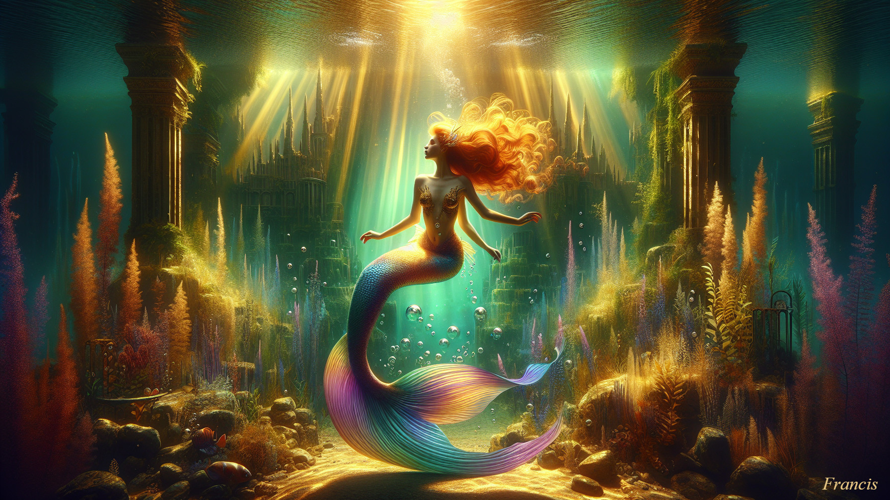 Mermaid in a sunlit underwater scene with ancient ruins