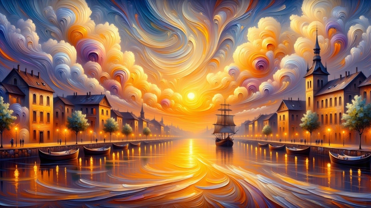 Vibrant Sunset Over Serene Waterfront with Charming Buildings